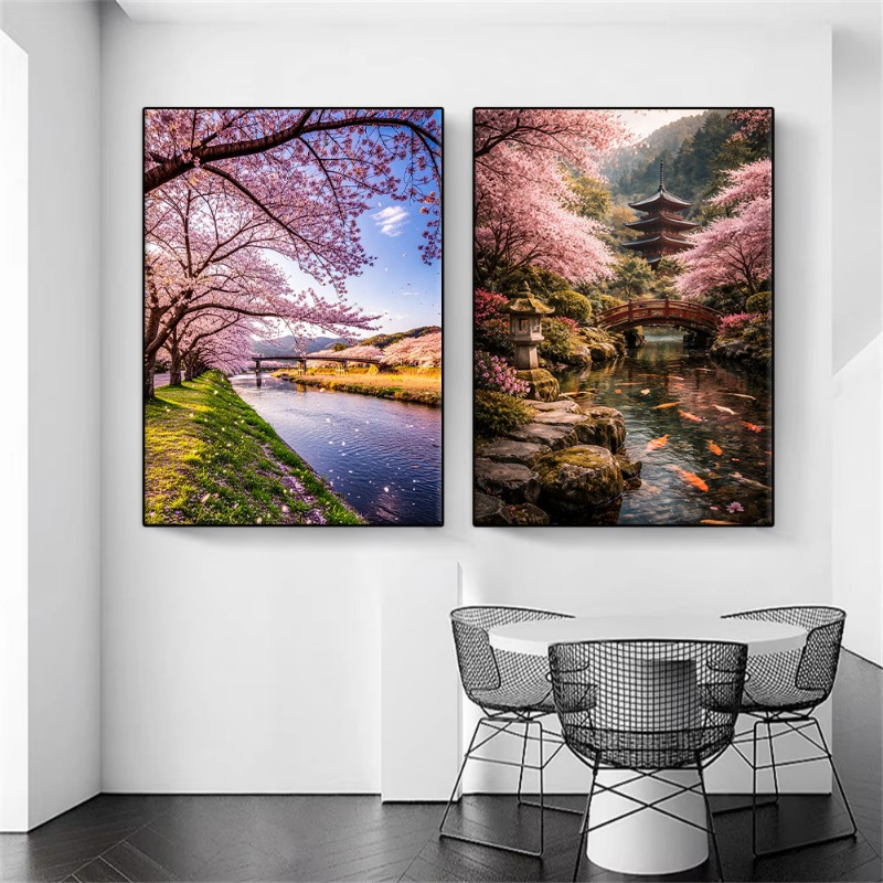 일본 정원 장면 벚꽃 나무 포스터 사쿠라 연못 아름다운 - Interior Design Poster 리뷰 및 가격