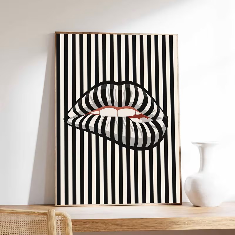 간단하고 추상적인 줄무늬 입술 모양의 캔버스 포스터 아 - Interior Design Poster 리뷰 및 가격