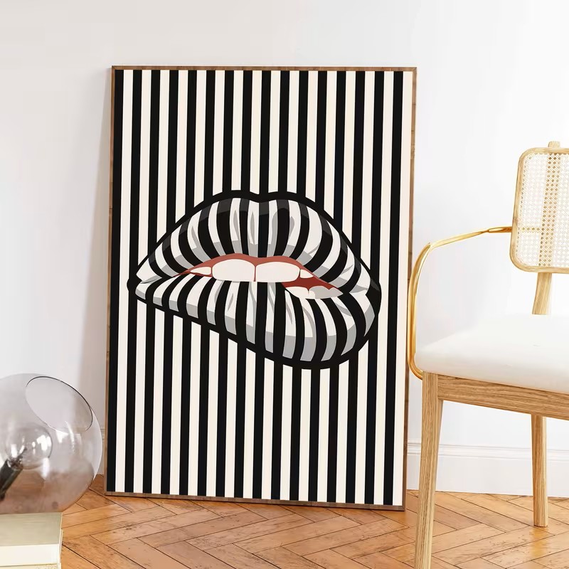 간단하고 추상적인 줄무늬 입술 모양의 캔버스 포스터 아 - Interior Design Poster 리뷰 및 가격