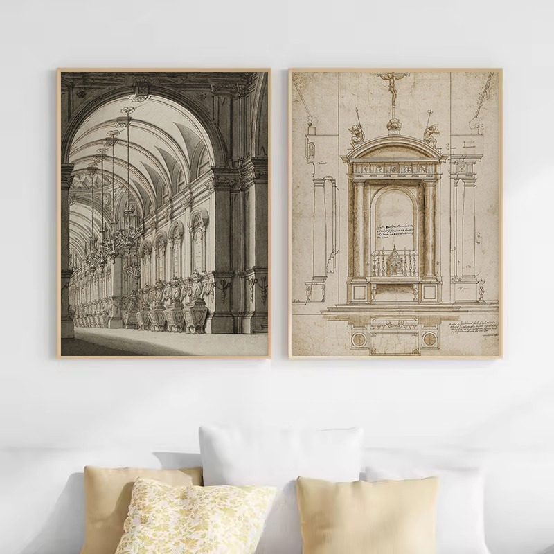 빈티지 드로잉 스케치 기하학적 건축 교회 돔 미적 캔버 - Interior Design Poster 리뷰 및 가격